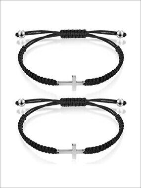 2 Pc Cross Bracelets Adjustable Stainless Steel Nylon Rope Unisex Gift